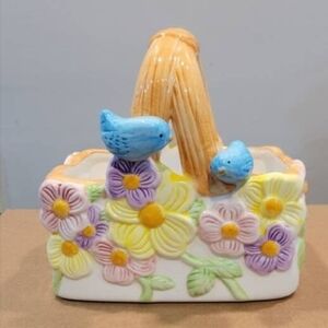 Ceramic Flower Basket with Blue Birds - Decorative Bird Planter